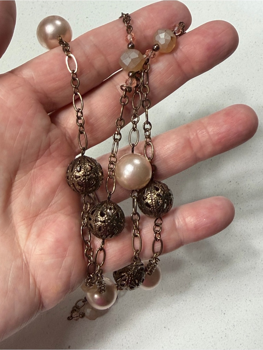 Chico’s Pearl & Filigree Long Necklace - Pink/Antique Gold
